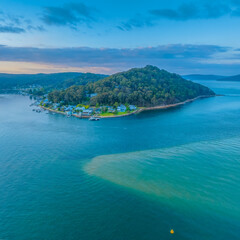 Aerial sunrise over Brisbane Water between Ettalong Beach and Wagstaffe