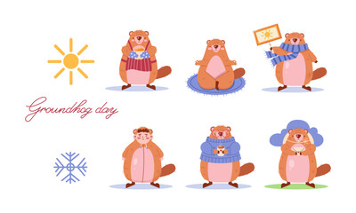 Set of 9 vector elements for Groundhog Day