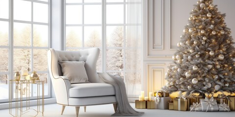 Christmas decor in living room with beautiful ornaments, white armchair, tree, wreath, candles, gifts, and stylish accessories.