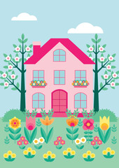 A small beautiful house with spring blooming flowers and trees around. Flat geometric village landscape. Background, postcard, poster, banner