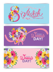 Set of beautiful flyers for women's day with number 8, flower heart, bouquet. 8 march floral backgrounds with spring tulips, crocuses, daffodils. Banner, flyer, advertising, invitation