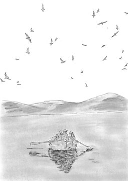 A boat on the sea with three friends and above them seaguls