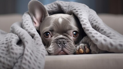 A photo of a small gray French bulldog puppy with expressive eyes lying under a blanket