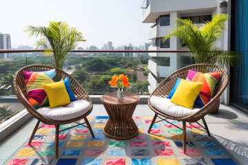 Beautiful balcony with outdoors furniture chairs, colorful decorations and green potted flowers plants. Sunny stylish bold color balcony home terrace with city background - obrazy, fototapety, plakaty