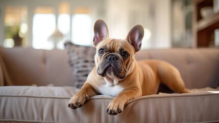 Photo of a ginger dog, a French bulldog, lying on the couch in the house