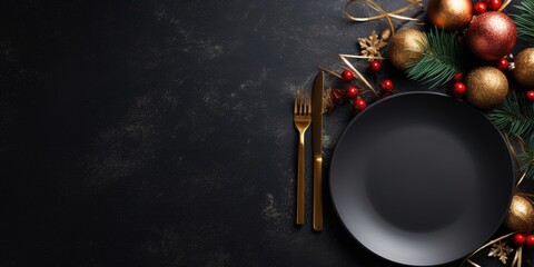 Festive Christmas table setting on black background with room for text.