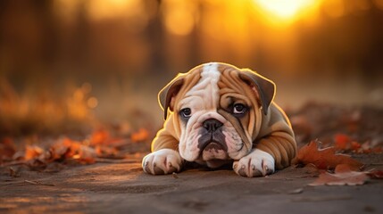 A photo of a red and white English bulldog puppy lying in nature in sunny weather