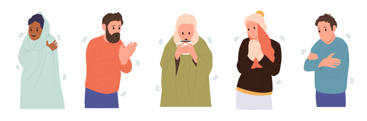Freezing people characters drinking warm coffee or tea, trembling, wrapping in clothes or blanket