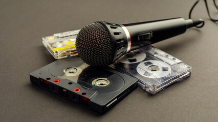 Old microphone and three audio cassettes, on black paper background seventies still life. Panoramic...