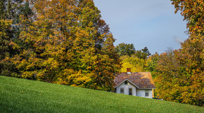 New England Autumn hillside with house