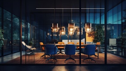 Modern white and blue open space office interior, Nice modern office with beautiful long office corridor with and defocused room background concepts and ideas for business presentation background - obrazy, fototapety, plakaty