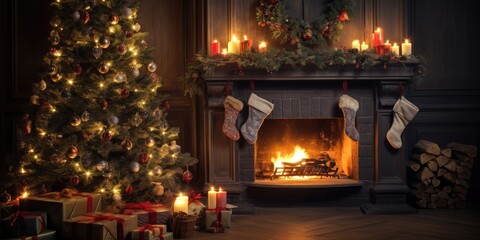 Festive interior with decorated tree, gifts, fireplace, and sunlight