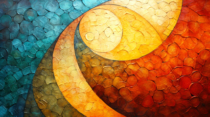 Abstract painting has a gradient of colors with a circular pattern and blue and orange color scheme