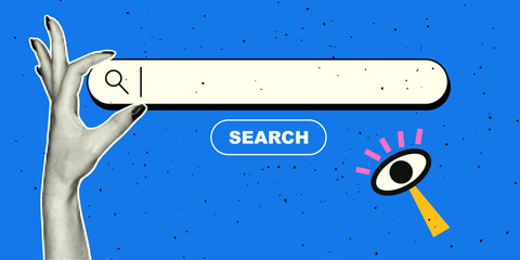 Search bar in retro collage style. Hand with halftone effect. Vector retro modern illustration with dots in pop art style.