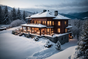 "View of house on snow covered land."