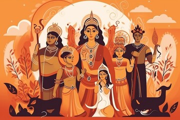 Decorative background featuring Hindu deity Lord Shiva, his family and loved ones. Generative AI