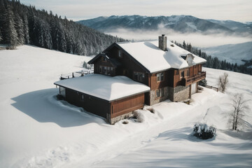 "View of house on snow covered land."