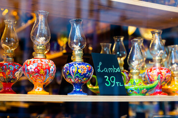 Traditional handmade colorful turkish lamps in Grand Bazaar souvenir shop, Istanbul, Turkey