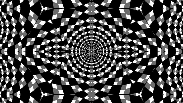 Circular tunnel rhomboidal chess kaleidoscope rotating, checker board 3d animation, optical illusion loop footage abstract background for vj, dj, template, meditation, intro and outro video