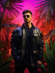 young male model wears a black jacket with a tropical leaf background, studio shoot, young man fashion clothing, winter collection, 