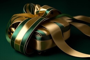 Silky green ribbon with gold trim and tag. Generative AI