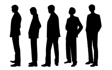 Vector silhouettes of  men and a women, a group of standing   business people, profile, black  color isolated on white background