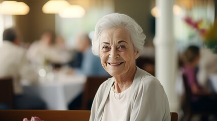 Obraz premium elderly woman smiling while inside a nursing home, copy space, 16:9