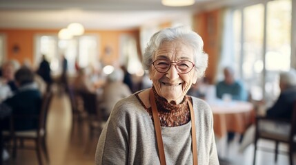 elderly woman smiling while inside a nursing home,  copy space, 16:9 - Powered by Adobe