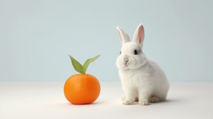 Fototapeta na wymiar White Rabbit and Orange on a light blue background. With copy space. Ideal for pet, food, or health-related content.
