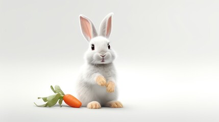 White Rabbit and Carrot on a white background. With copy space. Easter bunny. Suitable for various uses such as pet food advertisements or wildlife humor content. Banner