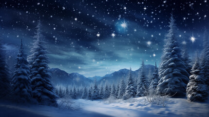 Winter landscape with trees & snowflakes