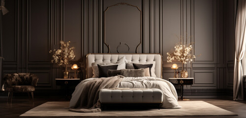 An inviting bedroom scene with a plush bed, layered with luxurious bedding and complemented by...