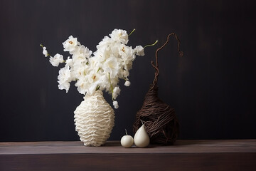 still life with knitted flowers - obrazy, fototapety, plakaty