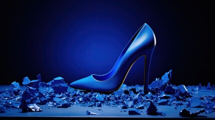 A blue high heel shoe sitting on top of a pile of broken glass, AI - obrazy, fototapety, plakaty