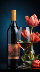 wine bottle, wine glass, tulip next to bottle, blue background