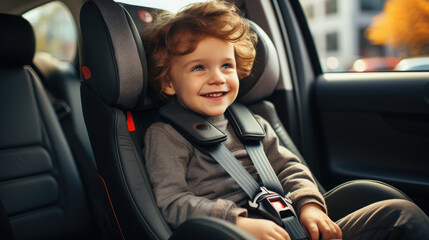 small kid, boy or girl sitting on a child seat in a car, fastened with belts, travel, road trip, traffic rules, safety, smiling baby, technology, passenger, joyful face, emotional portrait, window - obrazy, fototapety, plakaty