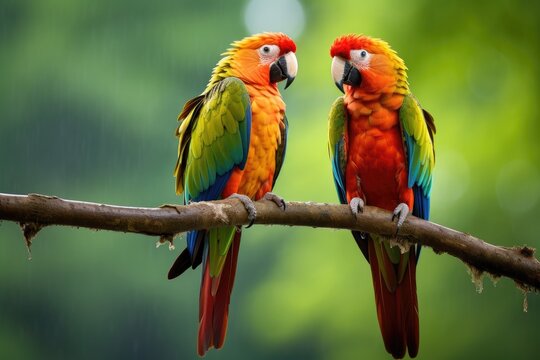 Pair of parrots perched on a branch, chatting