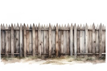 watercolor illustration wooden fence made of planks isolated on white background - obrazy, fototapety, plakaty