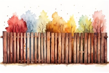 watercolor illustration wooden fence with multicolored autumn forest isolated on white background