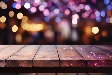 Selective focus of empty dark wooden countertop or table purple and golden light christmas bokeh background - obrazy, fototapety, plakaty