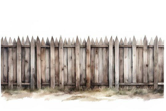 watercolor illustration wooden fence made of planks isolated on white background