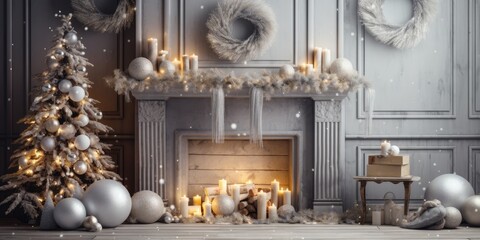 Cozy winter home decorated with wreath, lights, and Christmas balls.