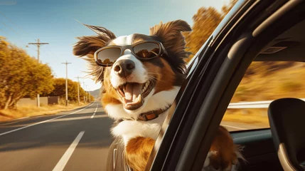 Fotobehang dog in the car showing out of the windwo of a driving car © bmf-foto.de