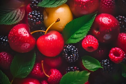 assortment of fresh berries with water droplets, including red cherries, blackberries, and raspberries, with green leaves.