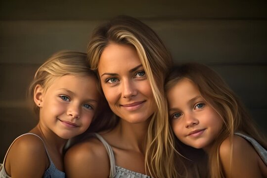 loving moment between a mother and her two daughters, all with bright, engaging smiles and blonde hair, radiating warmth and family affection.