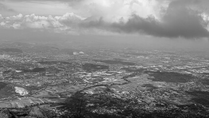 panoramic black and white view of the Lazio countryside with villages and cultivated fields