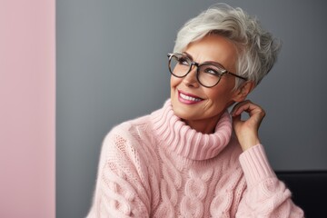 Senior female model in a cozy cable knit jumper with reading glasses