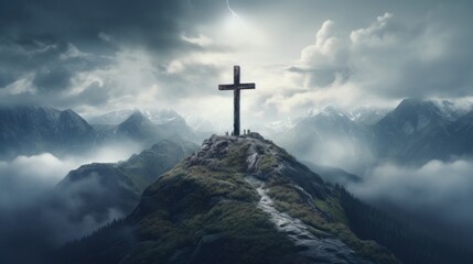 Fototapeta na wymiar the cross surrounded by clouds and fog