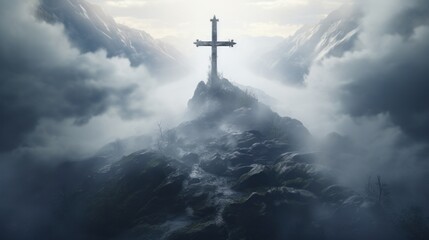 the cross surrounded by clouds and fog - obrazy, fototapety, plakaty