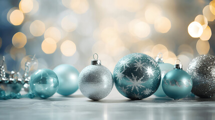 Teal and silver christmas ornaments with tranquil teal bokeh light setting